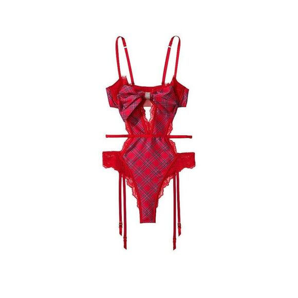Victoria's Secret XL 38D Garter Teddy One-piece SATIN RED lace HOLIDAY WICKED
